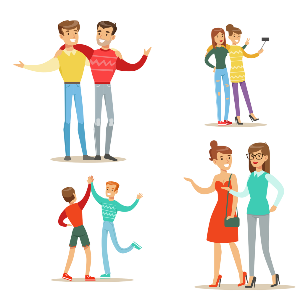 4 ilustrações utilizadas para aprender a falar de membros da família em inglês: um casal de homens, mãe e filha tirando uma foto juntas, dois irmãos se cumprimentando e primas passeando juntas.