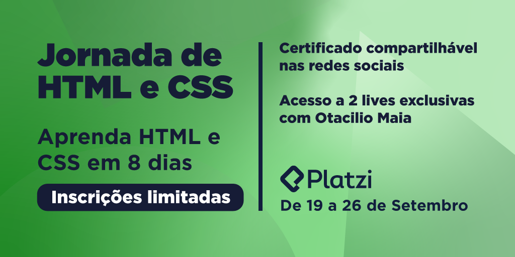 Banner divulgando a iniciativa Jornada de HTML e CSS, que ensina como aprender HTML e CSS em 8 dias, gratuitamente e com recebimento de certificado.